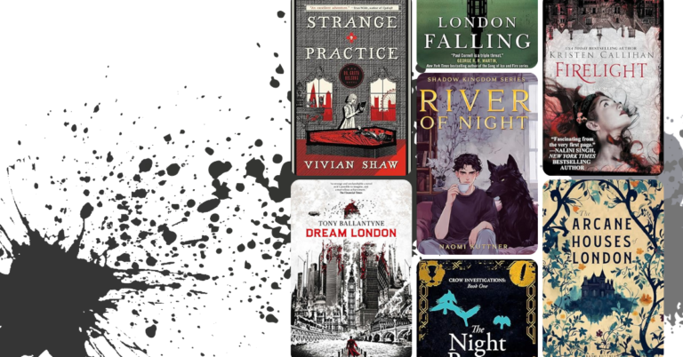 Fantasy book covers featuring alternate London settings displayed in a vertical collage.