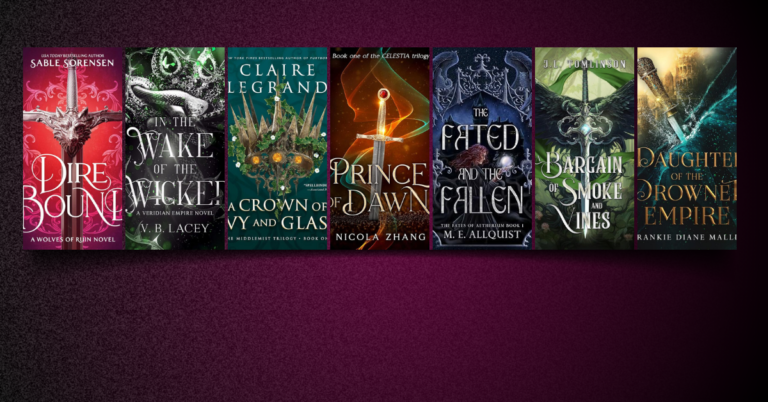 Romantasy book covers arranged on a dark burgundy background, featuring titles including Dire Bound, In the Wake of the Wicked, A Crown of Ivy and Glass, Prince of Dawn, The Fated and the Fallen, A Bargain of Smoke and Vines, and Daughter of the Drowned Empire.