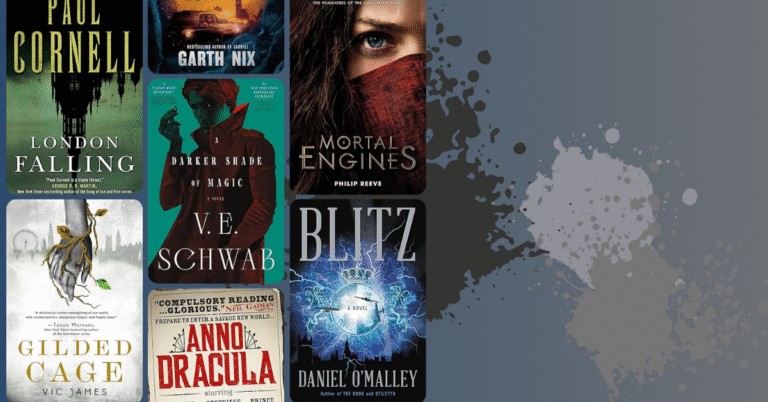 Book covers of alternate London fantasy and sci-fi novels on a gray splatter background, including London Falling, A Darker Shade of Magic, and Mortal Engines.