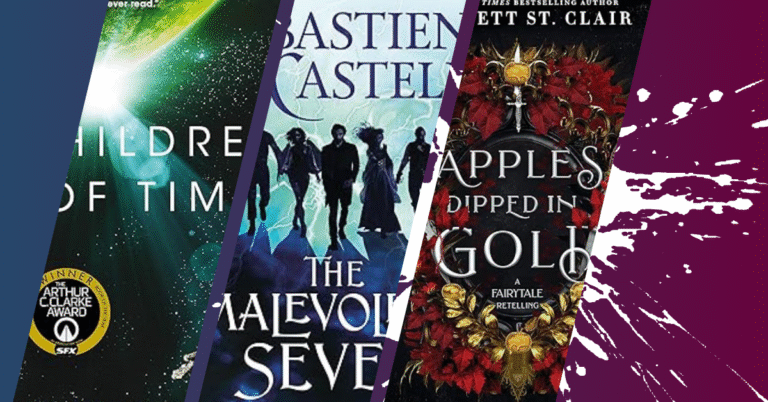 Book covers of Children of Time, The Malevolent Seven, and Apples Dipped in Gold against a dark, splattered background.