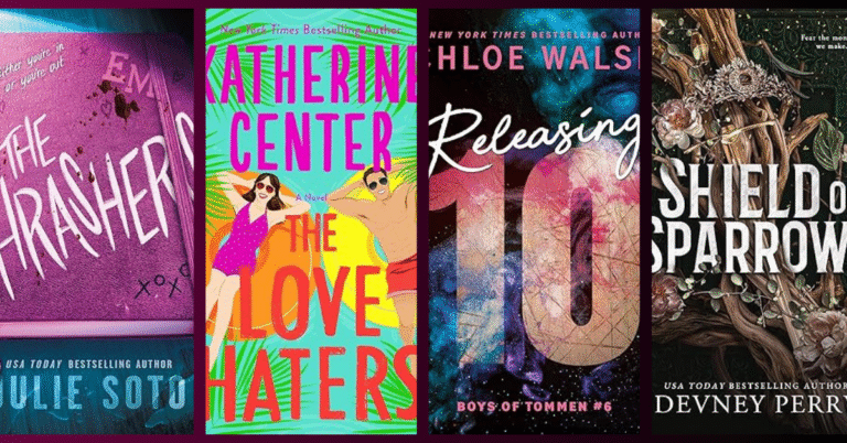 Covers of new May 2025 book releases including The Crashers, The Love Haters, Releasing 10, and Shield of Sparrow.