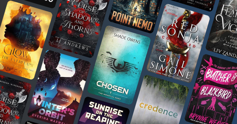 A collage of book covers angled on a dark background, featuring titles like Glow of the Everflame, Curse of Shadows and Thorns, Winter’s Orbit, Red Sonja: Consumed, Butcher & Blackbird, and more from Apropos Books’ Q1 reading list