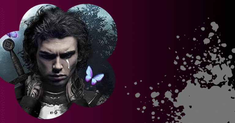 Sad fantasy hero with a sword and glowing butterflies on a purple and black splatter background. Text overlay reads: "Books that hit like Quicksilver. Here’s your next emotional spiral." Targeted for romantasy fans.