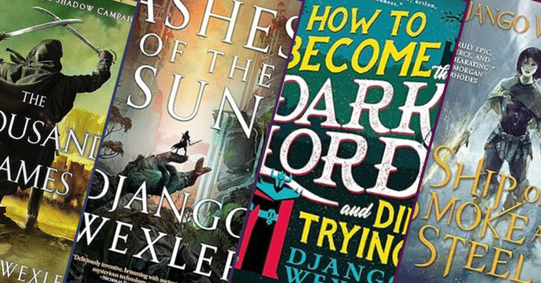 Tilted row of Django Wexler fantasy book covers including The Thousand Names, Ashes of the Sun, How to Become the Dark Lord, and Ship of Smoke and Steel.