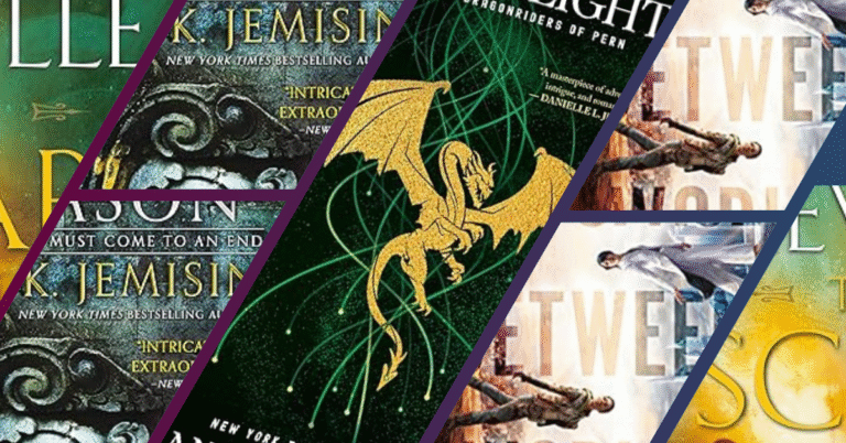 Diagonal collage of science fantasy novels including dragons, portals, and magical emblems.