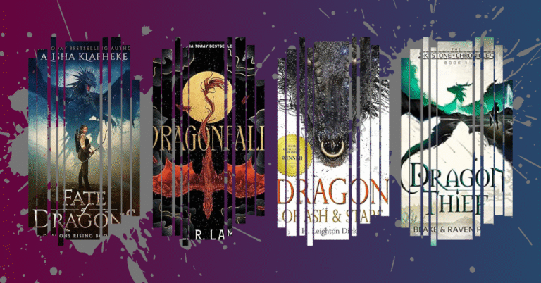 Book covers of Fate of Dragons, Dragonfall, Dragon of Ash & Stars, and Dragon Thief arranged side-by-side with vertical claw marks slicing through each.
