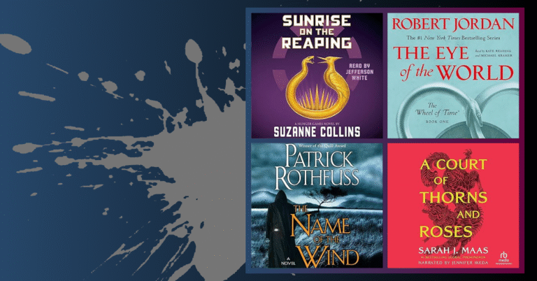 Covers of popular audiobooks including Sunrise on the Reaping, The Eye of the World, The Name of the Wind, and A Court of Thorns and Roses on a dark blue background