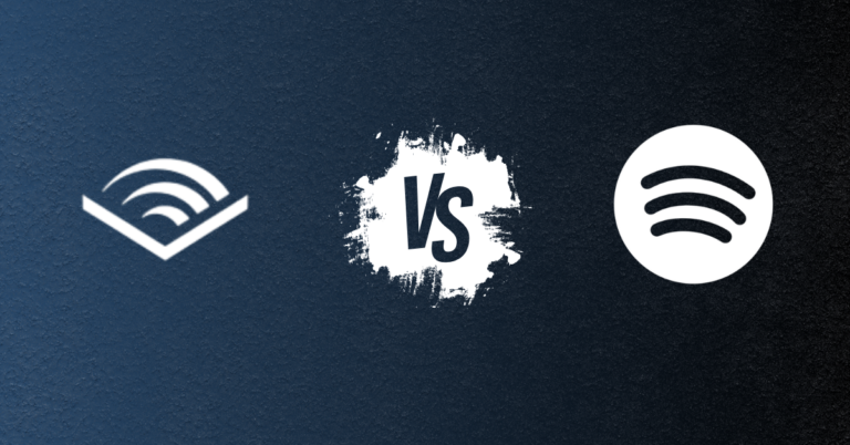 Audible and Spotify icons on a dark blue background with a white versus symbol between them.
