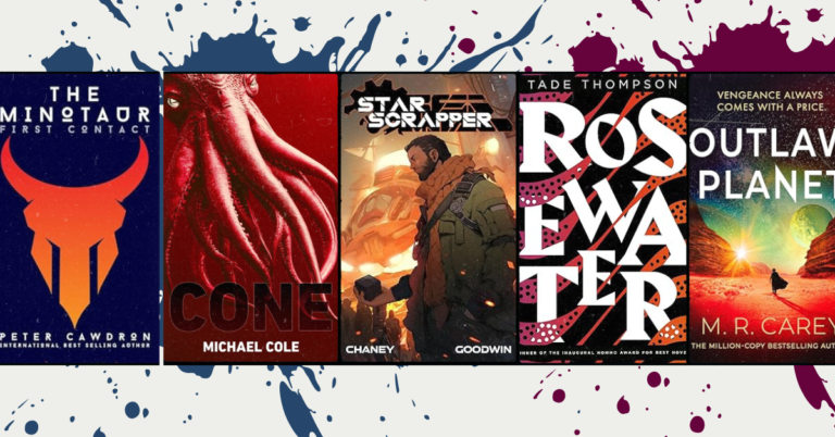 A row of science fiction book covers including The Minotaur, Cone, Star Scrapper, Rosewater, and Outlaw Planet.