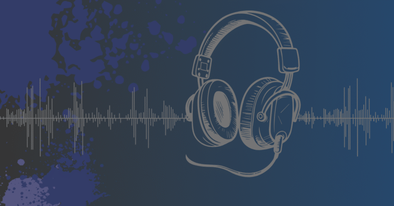 Illustration of headphones and audio waveforms on a dark blue background for Audible vs Spotify comparison
