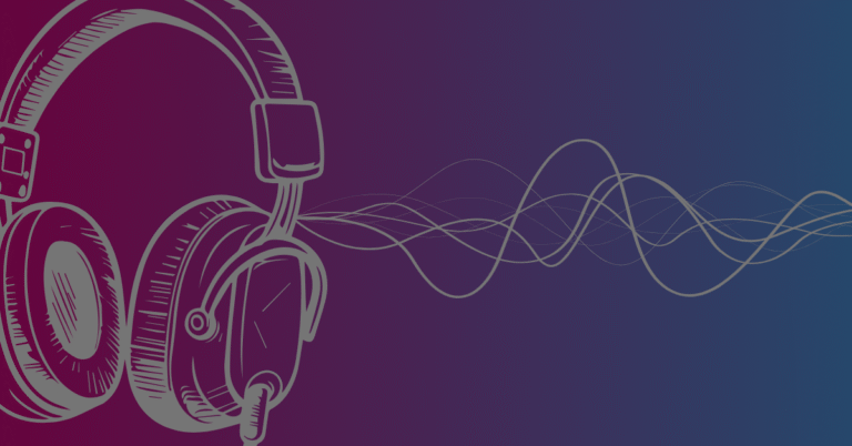 Illustrated headphones with audio waves on a purple-to-blue gradient background. No text present.