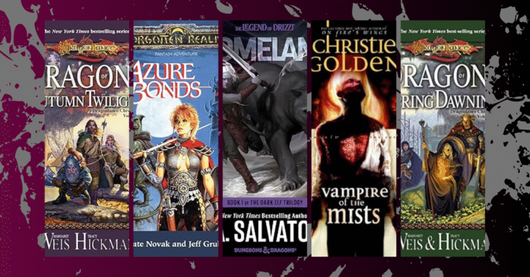 Covers of classic Dungeons & Dragons novels including Dragonlance, Azure Bonds, Drizzt, and Vampire of the Mists on a splattered background