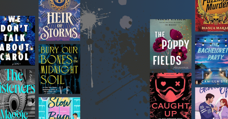Covers of June book releases including Heir of Storms, The Poppy Fields, and Bury Our Bones in the Midnight Soil on a dark blue splatter background