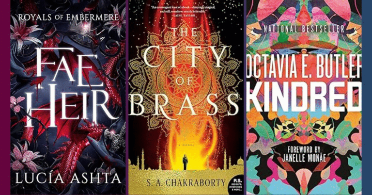 Covers of bestselling ebooks including Fae Heir, The City of Brass, and Kindred on a dark purple-blue background