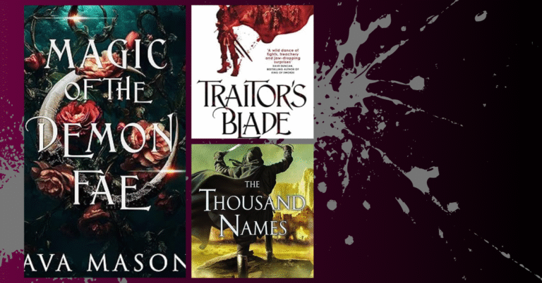 Covers of underrated fantasy books including Magic of the Demon Fae, Traitor’s Blade, and The Thousand Names on a splattered background
