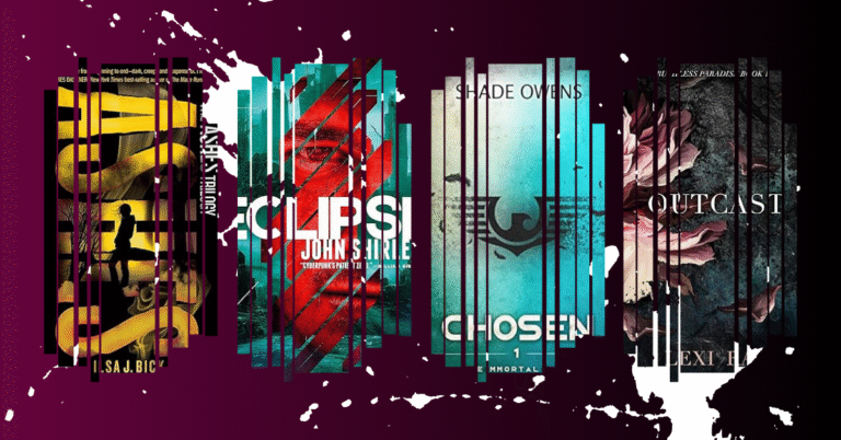 Covers of dystopian novels including Ashes, Eclipse, Chosen, and Outcast with glitch-style distortion over a purple background