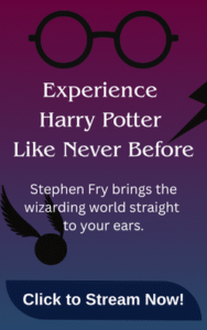 Vertical banner promoting Stephen Fry’s narration of the Harry Potter audiobooks, with themed graphics and a call to action to stream now.