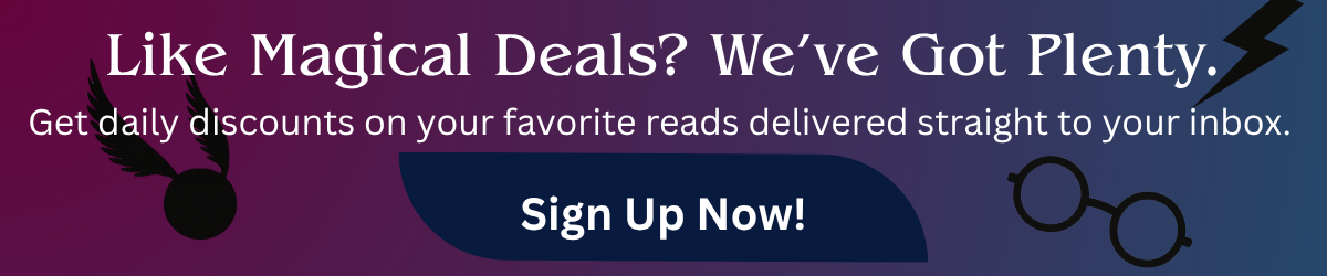 Banner promoting daily book discounts with magical theme, featuring call to action to sign up for Apropos Books newsletter. Includes flying snitch, glasses, and lightning bolt graphics.