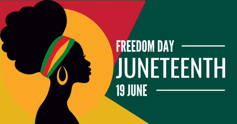 Illustration of a Black woman with Afro and headband beside Juneteenth Freedom Day text, celebrating Juneteenth history on June 19.