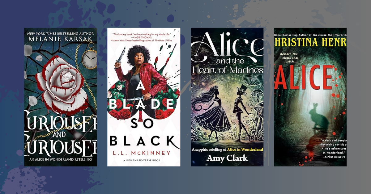 Four Alice in Wonderland retelling book covers on a blue and gray abstract background.
