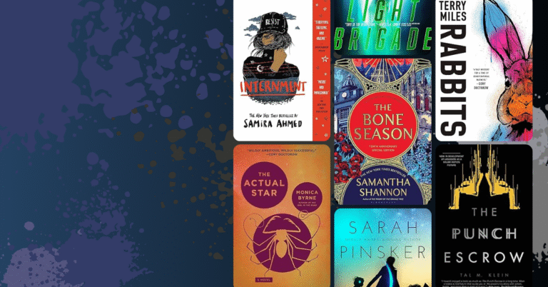 Book collage featuring covers of futuristic novels including Internment, The Bone Season, Rabbits, The Light Brigade, The Actual Star, The Punch Escrow, and We Are Satellites