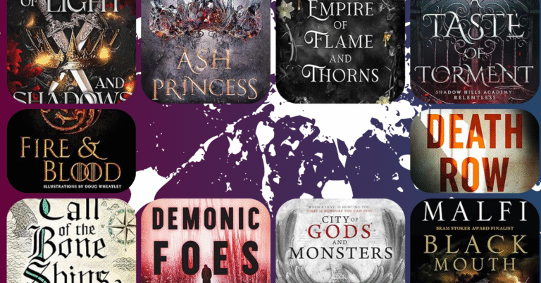 image featuring june's top sellers covers of the light and shadows, ash princess, empire of flame and thorns, a taste of torment, fire & blood, death row, black mouth, city of gods and monsters, demonic foes, call of the bone ships