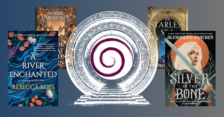 Portal Fantasy Books image featuring covers for silver in the bon, a river enchanted, the starless sea, and the book that wouldn't burn