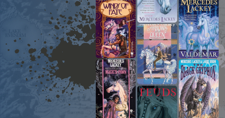 Collage of Mercedes Lackey’s Valdemar book covers over fantasy map background