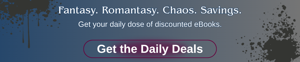 Banner promoting daily discounted Kindle eBooks in fantasy and romantasy genres with call-to-action button to get the deals