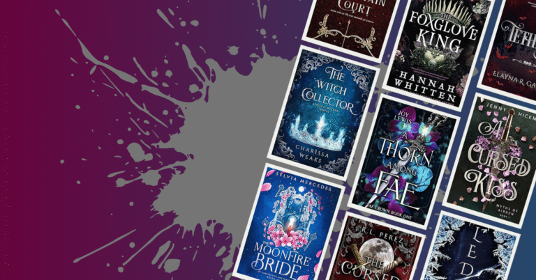Diagonal stack of romantasy book covers including The Witch Collector, A Thorn Among Fae, and A Cursed Kiss on a blue-to-purple gradient background with a gray splatter design