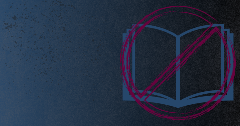 Open book icon crossed out with a magenta no symbol on a dark blue textured background.