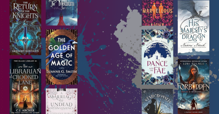 Collage of historical fantasy book covers including The Return of the Knights, The Golden Age of Magic, Dance with the Fae, and others.