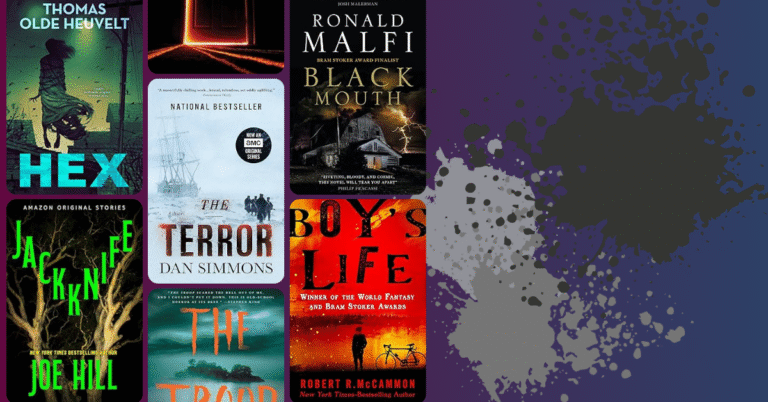 Collage of book covers by authors like Stephen King, including Hex, The Terror, Black Mouth, and The Troop, on a dark horror-themed background.