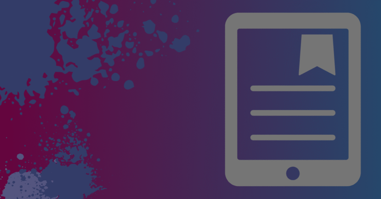 Blank featured image template with a tablet icon on the right and a colorful splatter background, intended for adding blog title text.