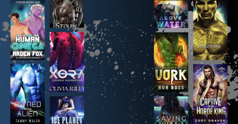 Selection of colorful alien romance book covers featuring sci-fi and fantasy couples from various novels.