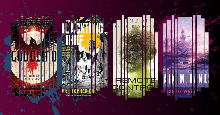 Collage of book covers for Godblind, The Blacktongue Thief, Remote Control, and Use of Weapons, with vertical bar design over a dark maroon splatter background.