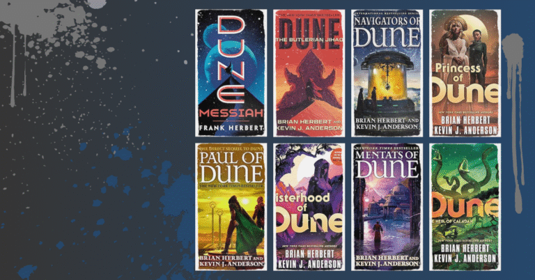 Book covers from the Dune series arranged to highlight reading order