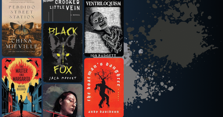 Collage of weird fiction book covers including Perdido Street Station, The Master and Margarita, The Boatman’s Daughter, Ventriloquism, Black Fox, and others.