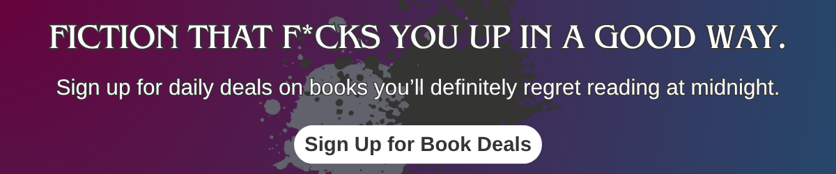 Banner promoting daily book deals for fans of authors like Stephen King, featuring dark horror-themed colors and bold headline text.