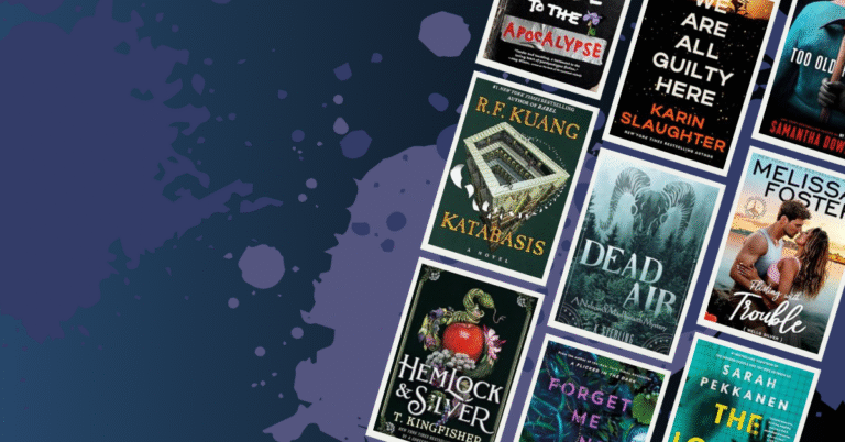 Collage of August 2025 new book covers including Katabasis by R. F. Kuang, Dead Air by K. Sterling, Hemlock & Silver by T. Kingfisher, and other featured titles on a dark blue background with purple ink splatters.