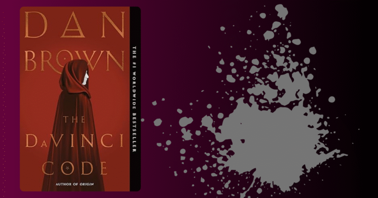 Blank featured image template for blog post “Books Like The Da Vinci Code,” showing the book cover of The Da Vinci Code by Dan Brown on a dark background with space for text.