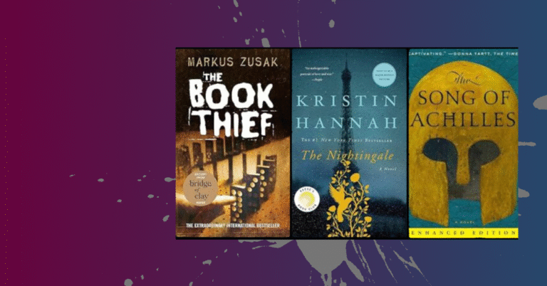 Featured image showing covers of The Book Thief, The Nightingale, and The Song of Achilles against a purple background with paint splatter effect.