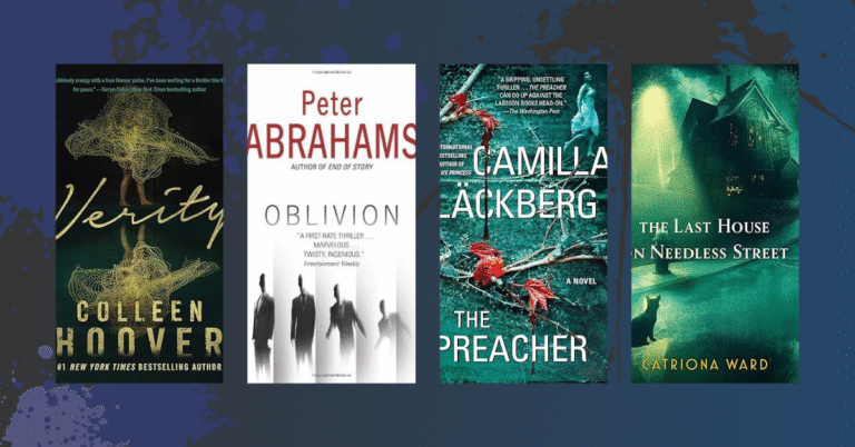 Covers of psychological thriller books including Verity by Colleen Hoover, Oblivion by Peter Abrahams, The Preacher by Camilla Läckberg, and The Last House on Needless Street by Catriona Ward.