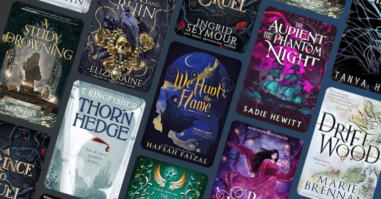 Collage of fantasy and romantasy book covers including A Study in Drowning, A Court of Ravens and Ruin, Thornhedge, We Hunt the Flame, The Audient and the Phantom Night, and Driftwood.