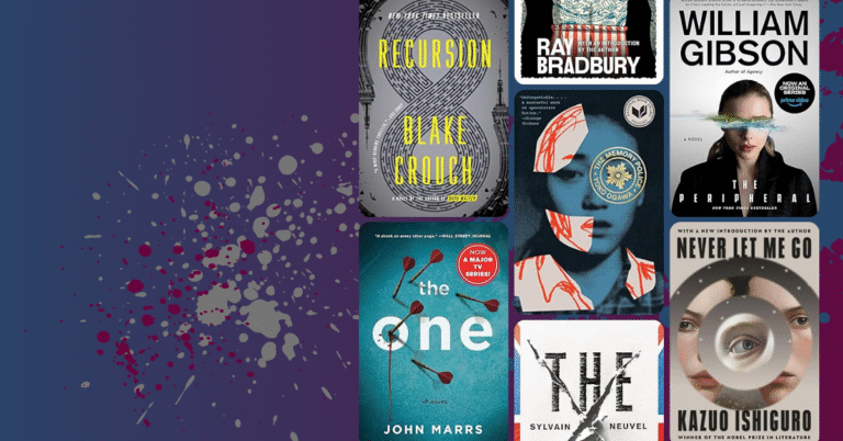 Collage of speculative fiction books like Black Mirror including Recursion, The Illustrated Man, The Peripheral, The Memory Police, The One, The Test, and Never Let Me Go.