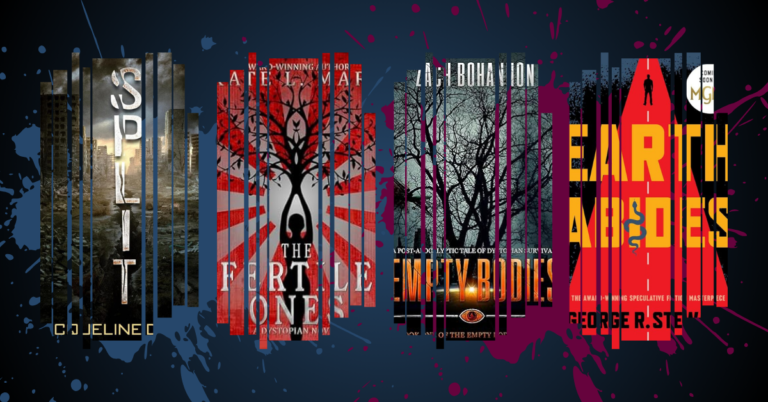 Stylized collage of dystopian book covers with dark background and abstract glitch overlays