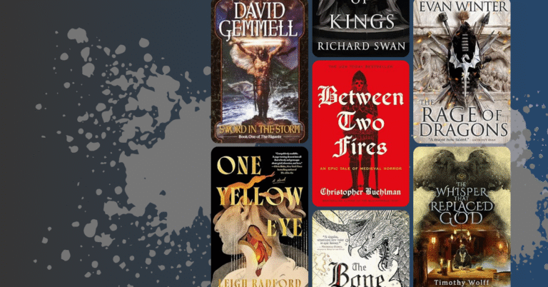 Collage of dark fantasy book covers including Sword in the Storm, The Rage of Dragons, Between Two Fires, One Yellow Eye, The Bone, and The Whisper That Replaced God.