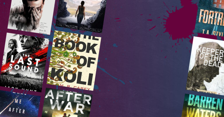 collage of apocalyptic fiction book covers including The Book of Koli, The Last Sound, After War, and Keeper of the Dead