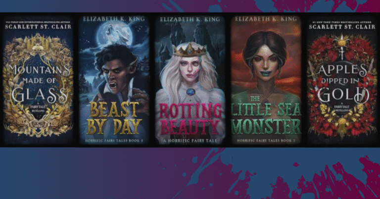 Book covers of dark fairy tale retellings including Mountains Made of Glass, Beast By Day, Rotting Beauty, The Little Sea Monster, and Apples Dipped in Gold