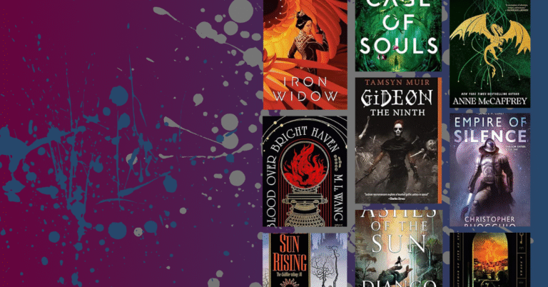Collage of popular science fantasy book covers including Iron Widow, Gideon the Ninth, and Dragonriders of Pern on a purple splatter background.
